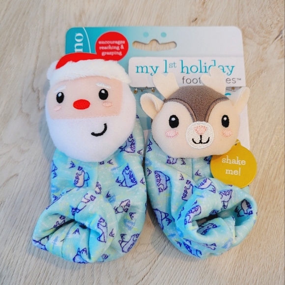 💕 NWT Infantino Santa & Reindeer Infant My 1st Holiday Foot Rattle Size 0+ - Picture 1 of 9